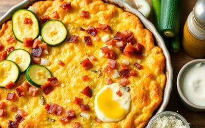 Gratin sans gluten : courgette, lardons et oignons Ć la moutarde