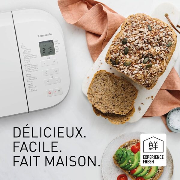 Panasonic SD-B2510WXE Machine à Pain Automatique, Programme sans Gluten, Design Horizontal, 21 Programmes Automatiques Double Capteur de Température Minuterie Numérique de 13 Heures, Écran LCD, Blanc