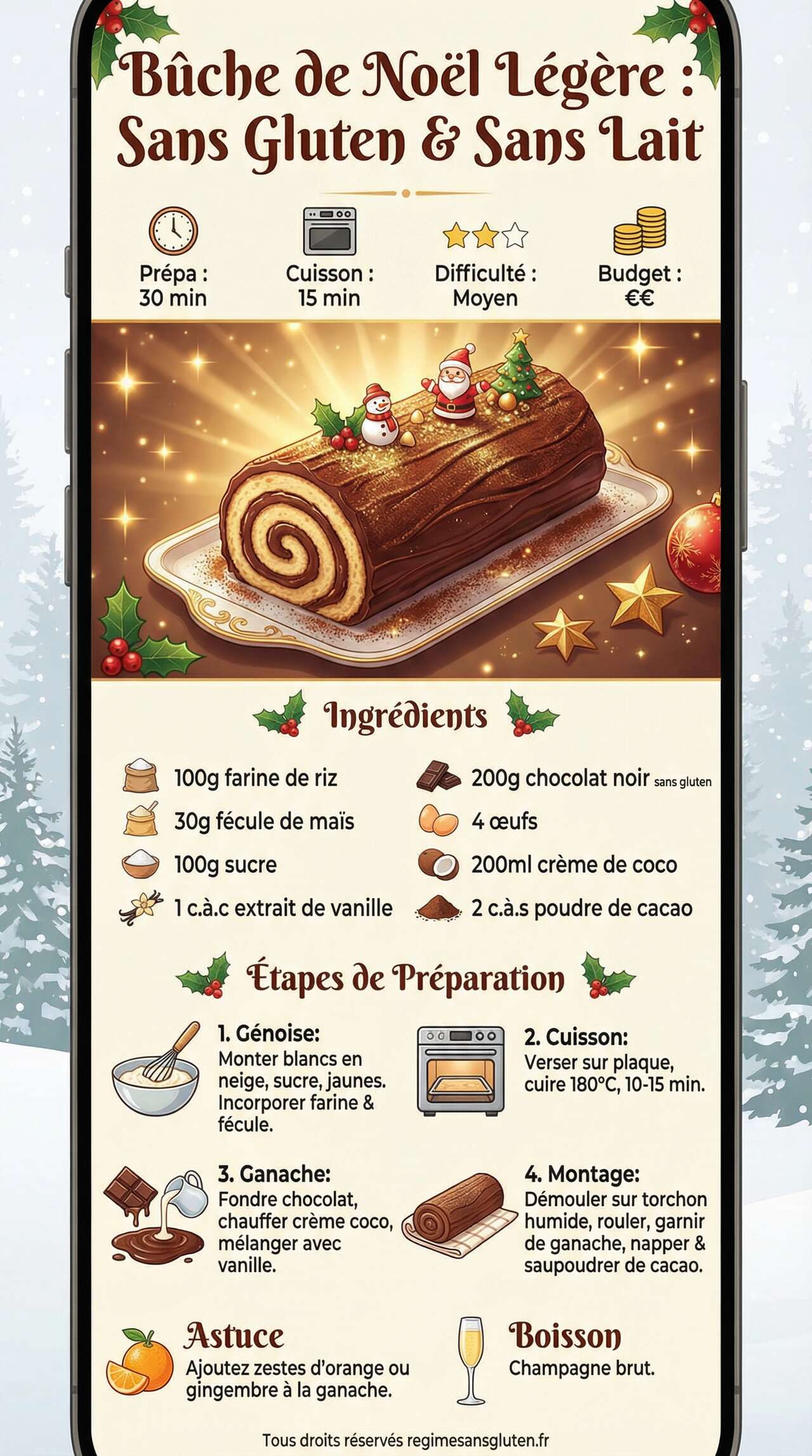 Infographie de la recette Bûche de Noël légère : sans gluten et sans lait Infographie de la recette Bûche de Noël légère : sans gluten et sans lait