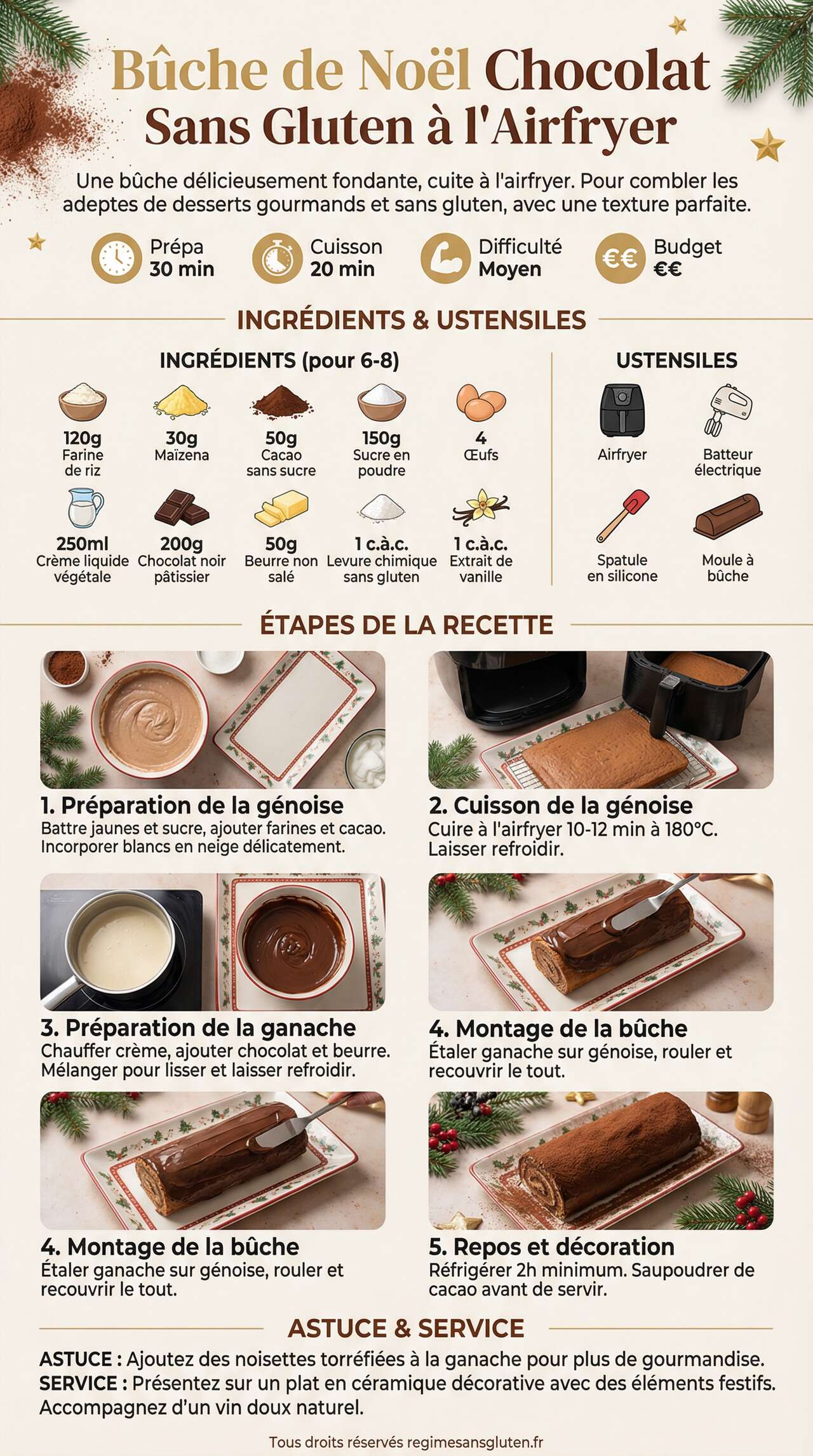 Infographie de la recette B&ucirc;che de No&euml;l au chocolat sans gluten &agrave; l'Airfryer : recette gourmande