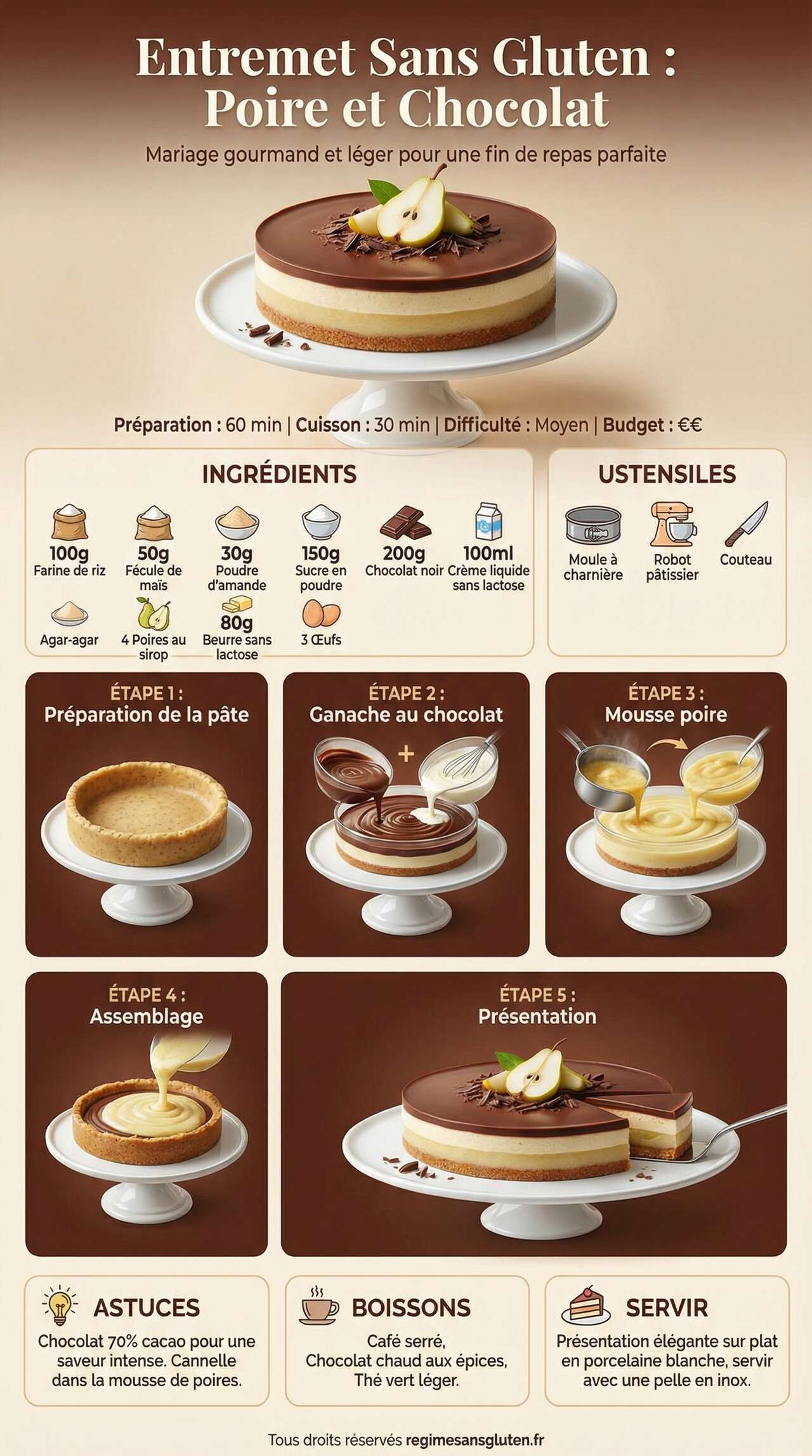 Fiche recette Entremet sans gluten : poire et Chocolat