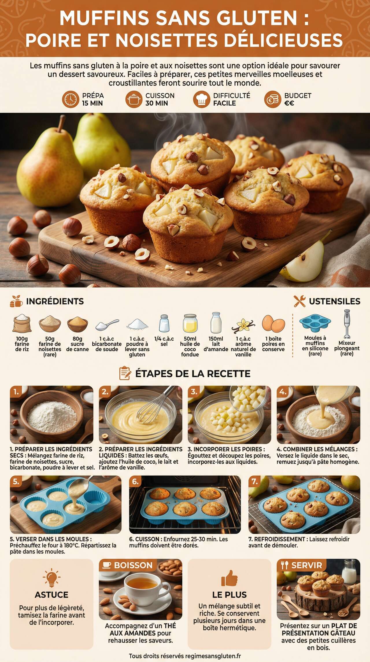 Fiche recette Muffins sans gluten : poire et noisettes d&eacute;licieuses