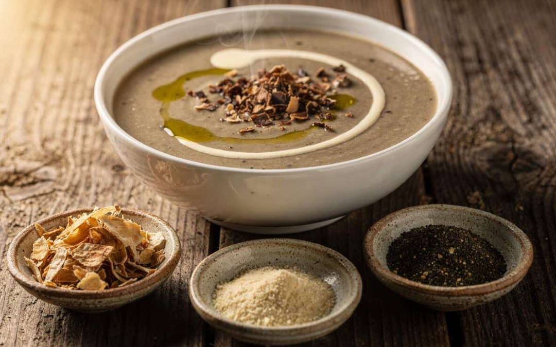 Potage de champignons sans gluten ni lactose, pauvre en sel