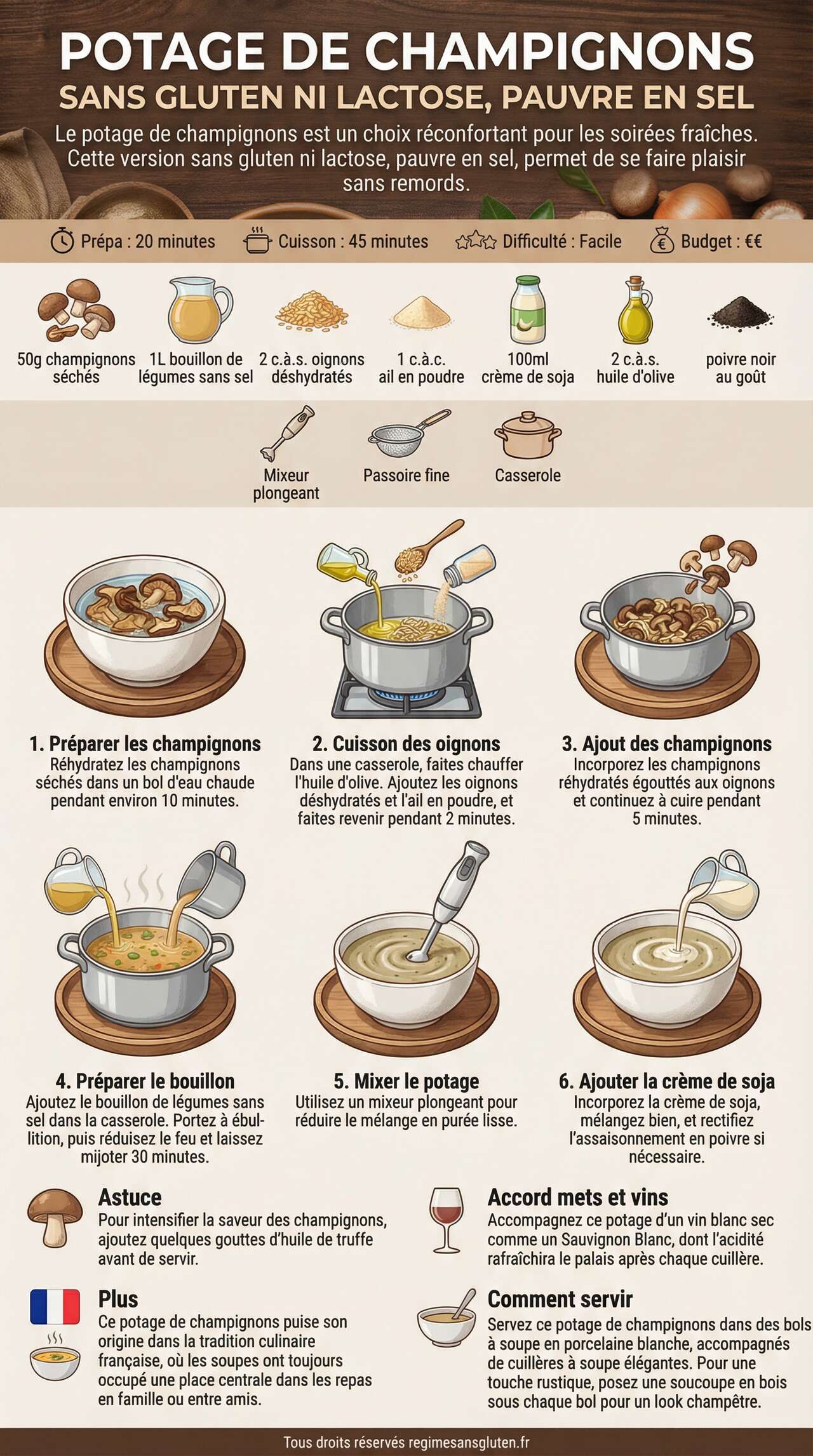 Fiche recette Potage de champignons sans gluten ni lactose, pauvre en sel