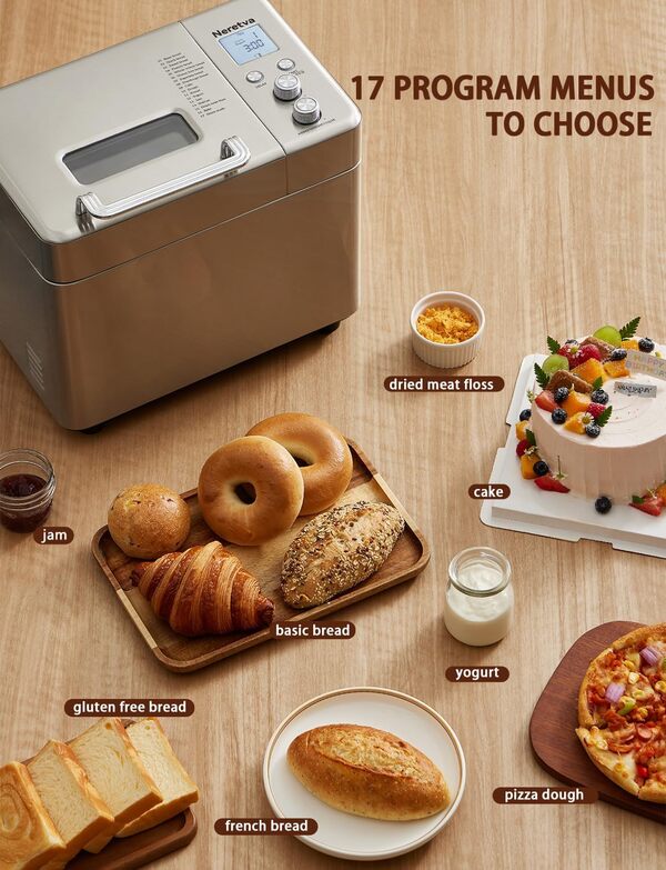 Neretva Machine a Pain, 17 Programmes & 2.2 LB Machine à Pain Plat En Céramique Anti-adhésif & Double Chauffage Acier Inoxydable Distributeur de Noix en Fenêtre Visible – Sans Gluten/Pain Au Levain