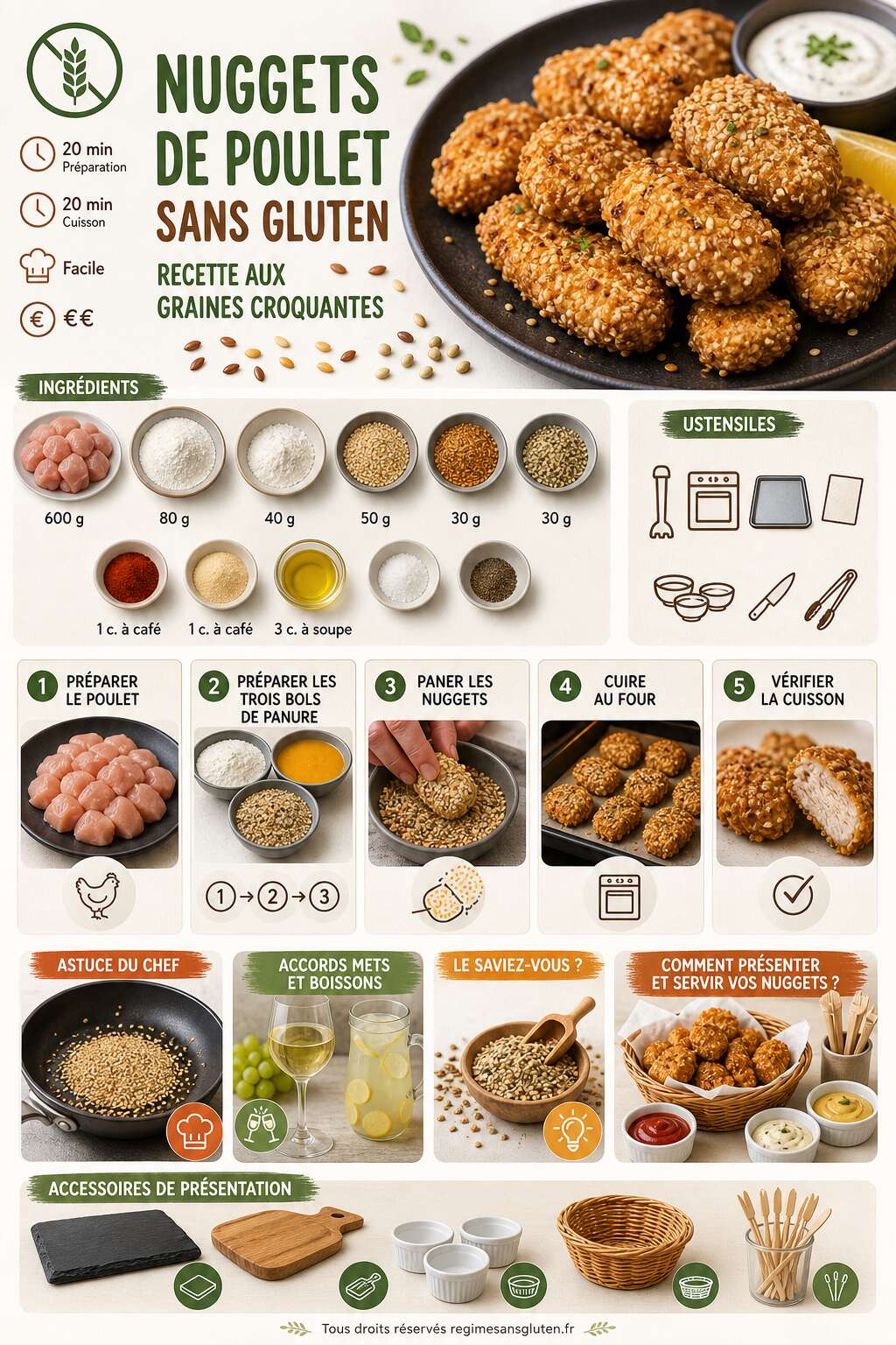 Fiche recette Nuggets de poulet sans gluten : recette aux graines croquantes Fiche recette Nuggets de poulet sans gluten : recette aux graines croquantes