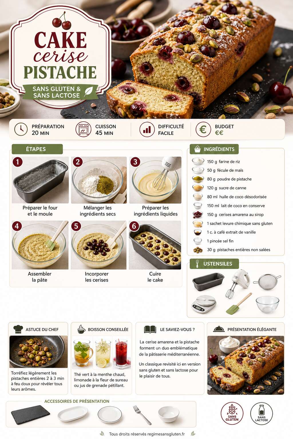 Fiche recette Recette cake cerise pistache sans gluten et lactose Fiche recette Recette cake cerise pistache sans gluten et lactose