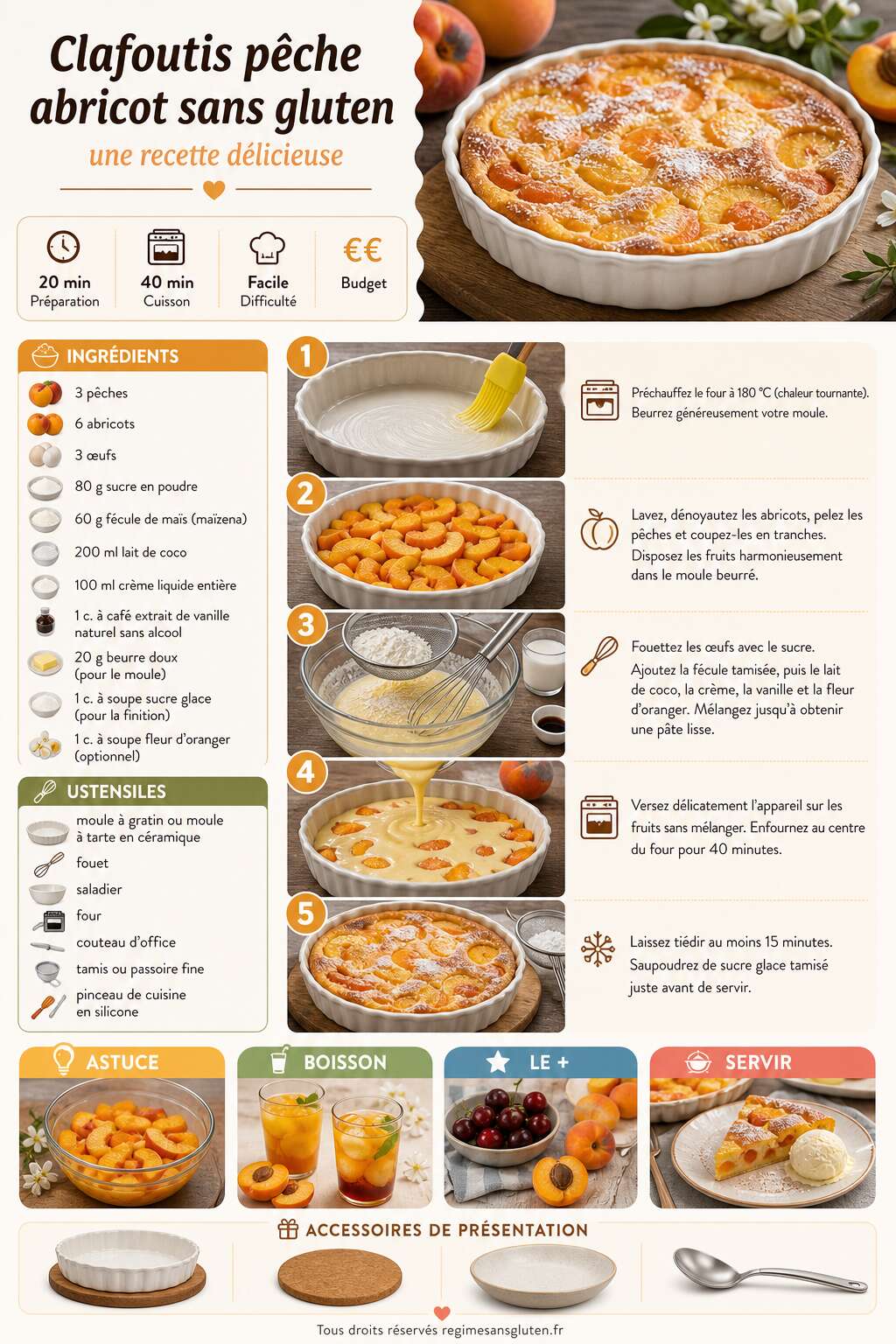 Fiche recette Clafoutis p&ecirc;che abricot sans gluten : une recette d&eacute;licieuse