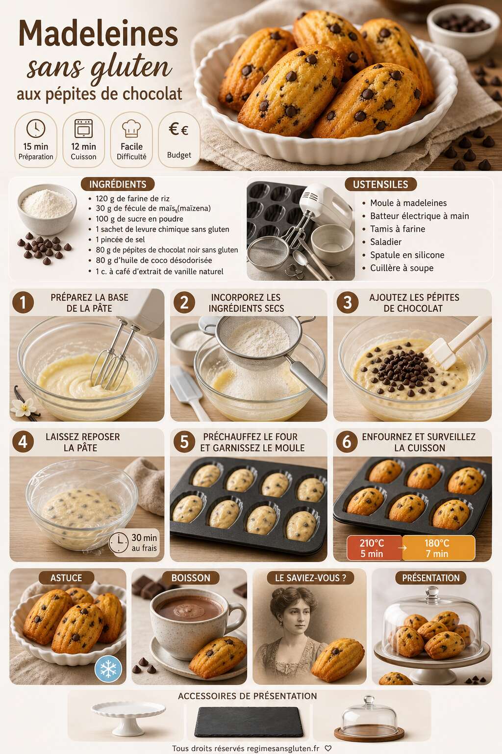 Fiche recette Madeleines sans gluten aux pépites de chocolat : recette gourmande Fiche recette Madeleines sans gluten aux pépites de chocolat : recette gourmande