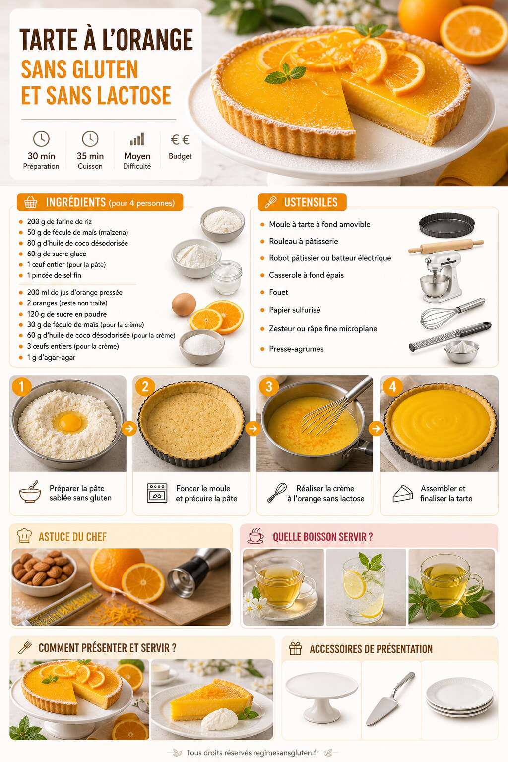 Fiche recette Tarte &agrave; l'orange sans gluten et sans lactose : recette gourmande