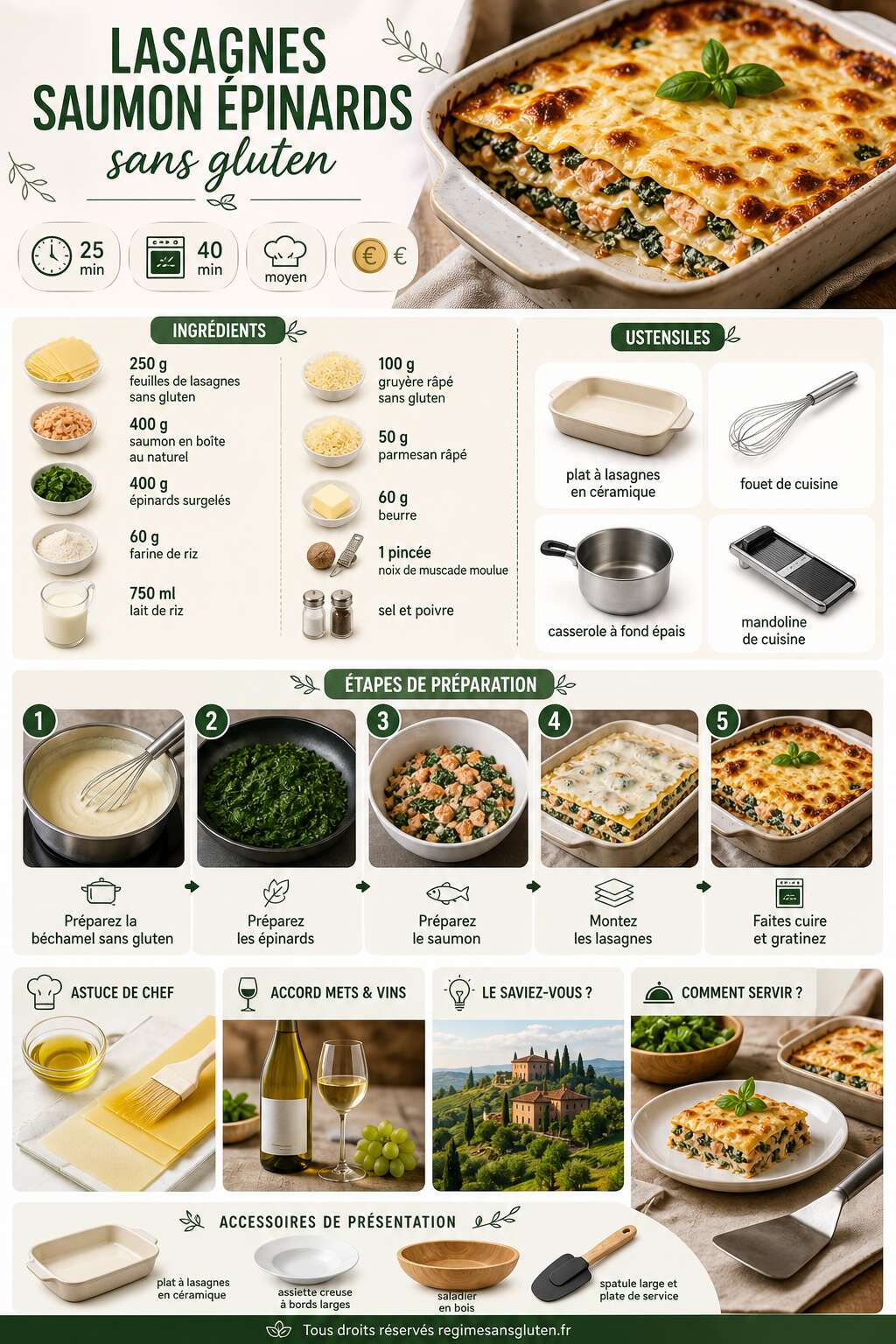 Fiche recette Lasagnes saumon épinards sans gluten : recette savoureuse Fiche recette Lasagnes saumon épinards sans gluten : recette savoureuse