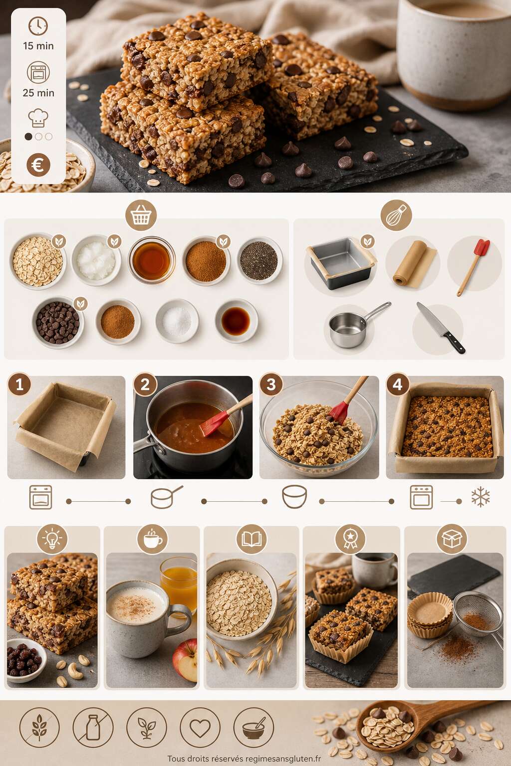 Fiche recette Carrés d'avoine sans gluten et sans lactose : recette gourmande Fiche recette Carrés d'avoine sans gluten et sans lactose : recette gourmande