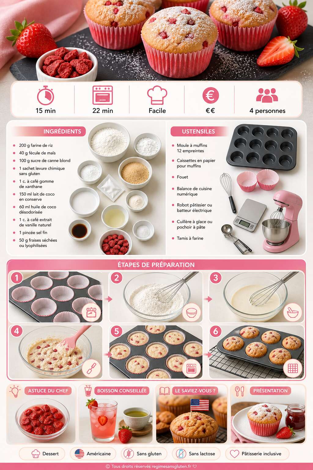 Fiche recette Muffins fraise sans gluten ni lactose : recette gourmande Fiche recette Muffins fraise sans gluten ni lactose : recette gourmande