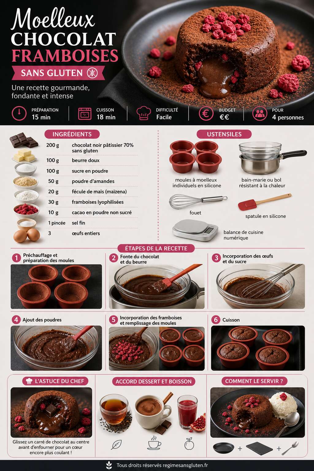 Fiche recette Moelleux chocolat framboises sans gluten : recette gourmande Fiche recette Moelleux chocolat framboises sans gluten : recette gourmande