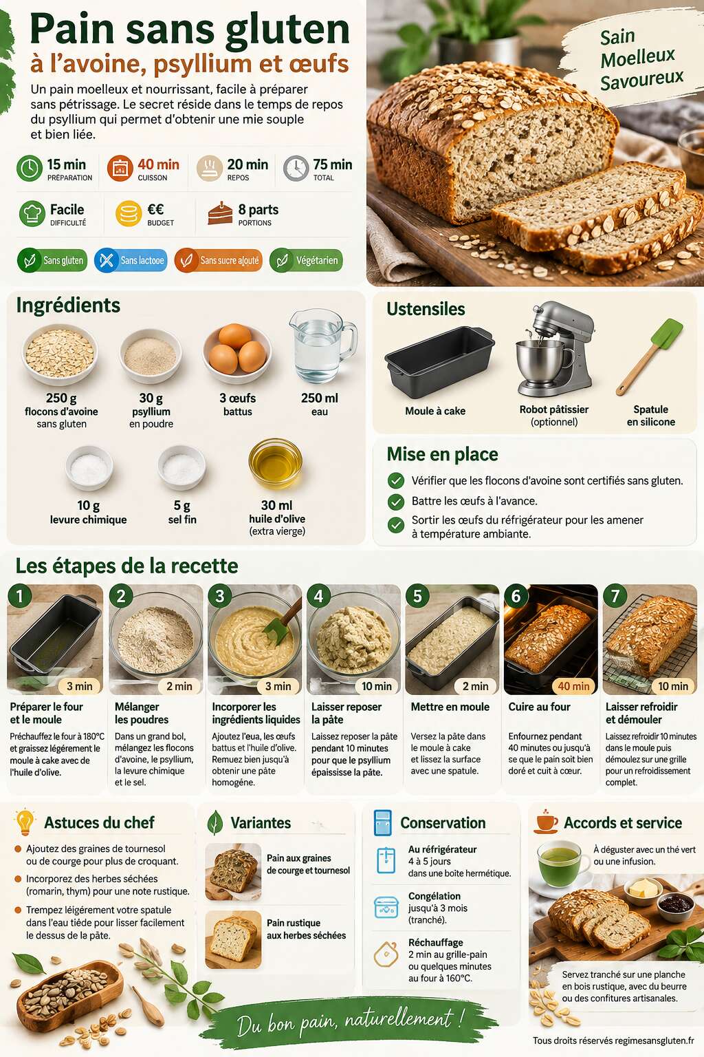 Fiche recette Pain sans gluten : recette à l'avoine, psyllium et œufs Fiche recette Pain sans gluten : recette à l'avoine, psyllium et œufs