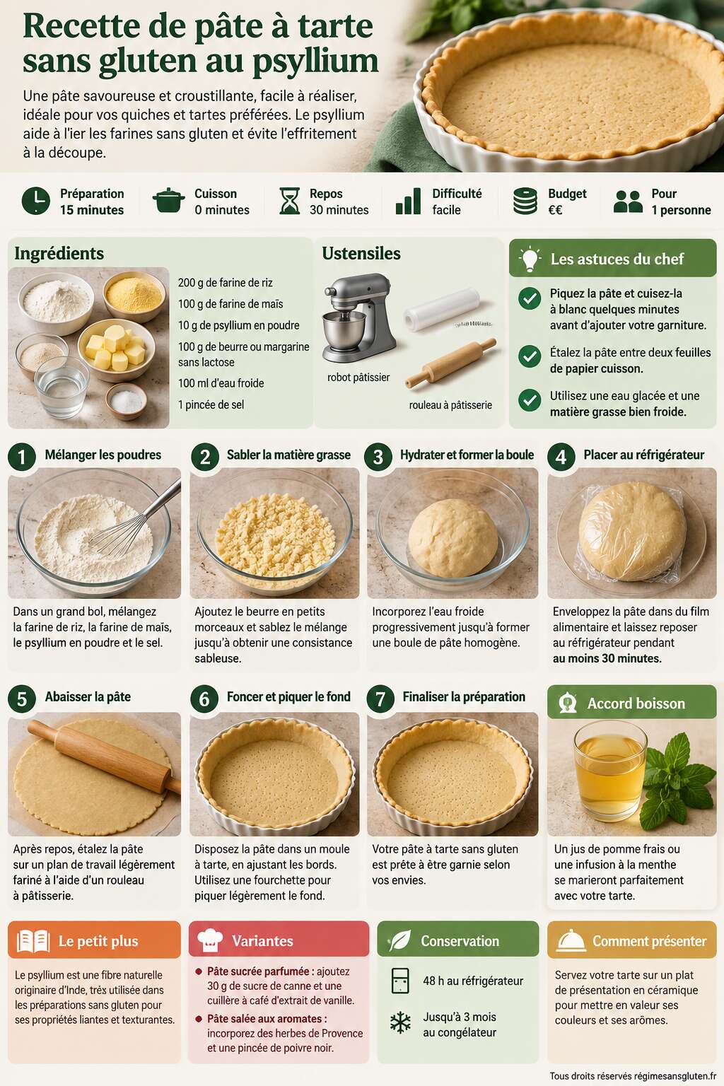 Fiche recette Recette de pâte à tarte sans gluten au psyllium Fiche recette Recette de pâte à tarte sans gluten au psyllium