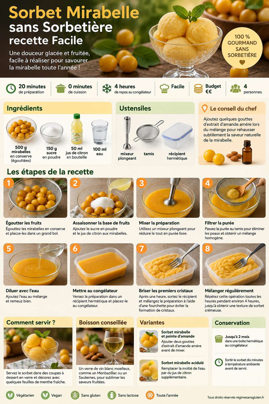 Fiche recette Sorbet Mirabelle sans Sorbetière : recette Facile Fiche recette Sorbet Mirabelle sans Sorbetière : recette Facile