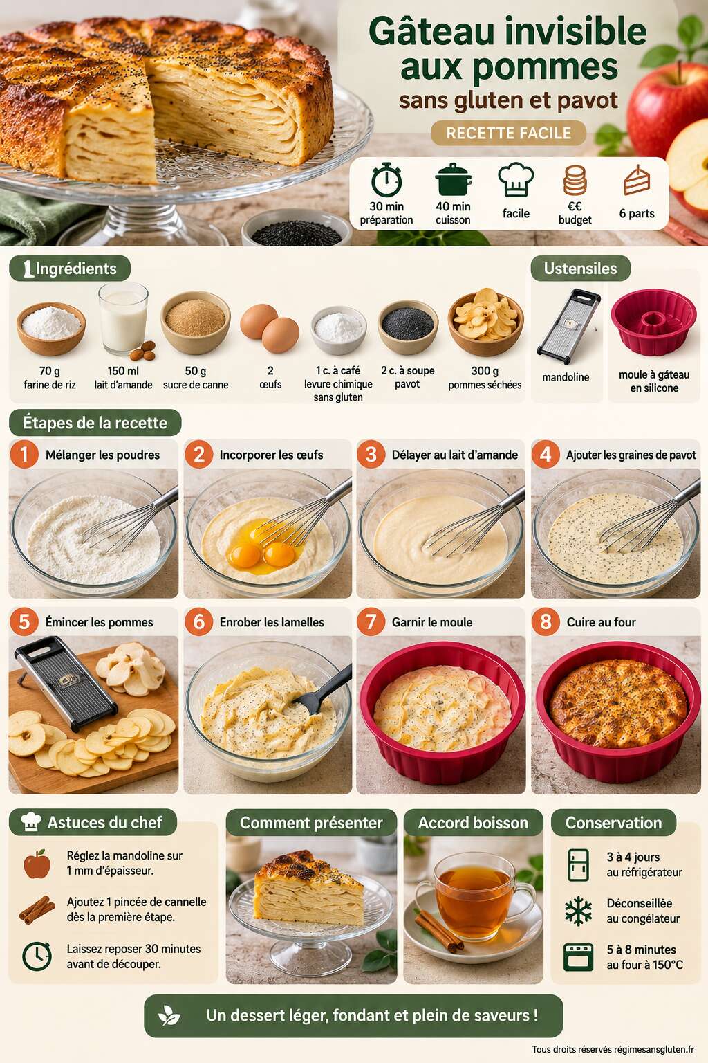 Fiche recette G&acirc;teau invisible aux pommes sans gluten et pavot : recette facile